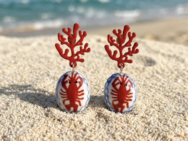 Ohrringe Meer, Korallen Ohrringe rot, Keramikschmuck handbemalt, LIEBlingsSTÜKKE Schmuck.